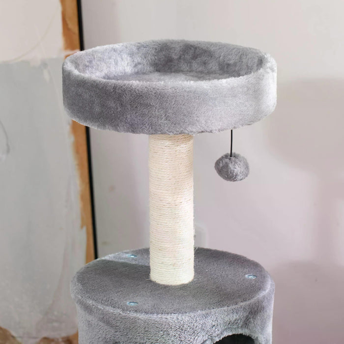 Cat Tree Tower Climber - Kitten Activity Center with Jute Scratching Posts, Bed, Tunnel, Perch, and Hanging Balls - Playful Furniture for Cats in Stylish Grey