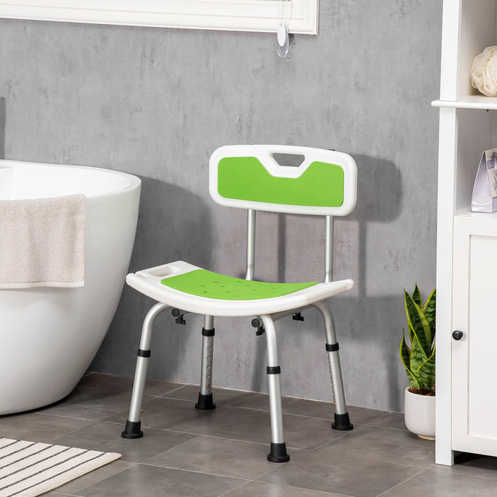 6-Level Height Adjustable Shower Chair - Elderly/Disabled-Friendly Stool with Backrest and Curved Seat - Features Anti-slip Foot Pads in Green