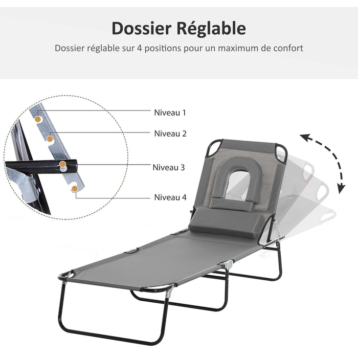 Foldable Sun Lounger with Pillow & Reading Hole - Adjustable Reclining Chair for Garden & Beach - Comfortable Outdoor Relaxation for Sunbathing and Leisure