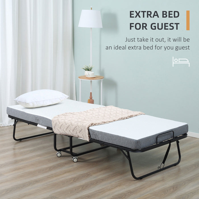 Portable Folding Bed with 10cm Thick Mattress - Sturdy Metal Frame and Easy Mobility with Wheels - Ideal for Overnight Guests and Small Space Living