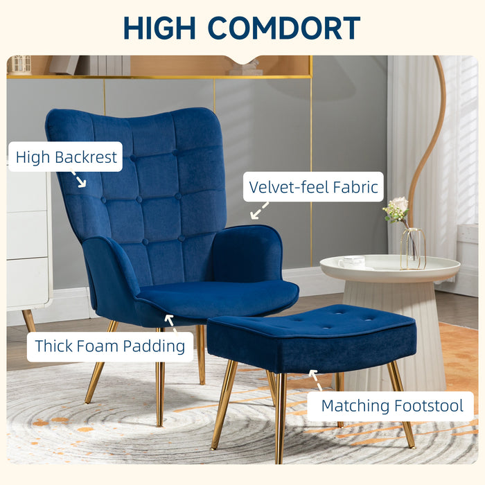 Modern Button Tufted Wingback Armchair with Footstool - Upholstered Dark Blue Accent Chair, Gold Tone Steel Legs - Elegant Seating Solution for Contemporary Home Decor