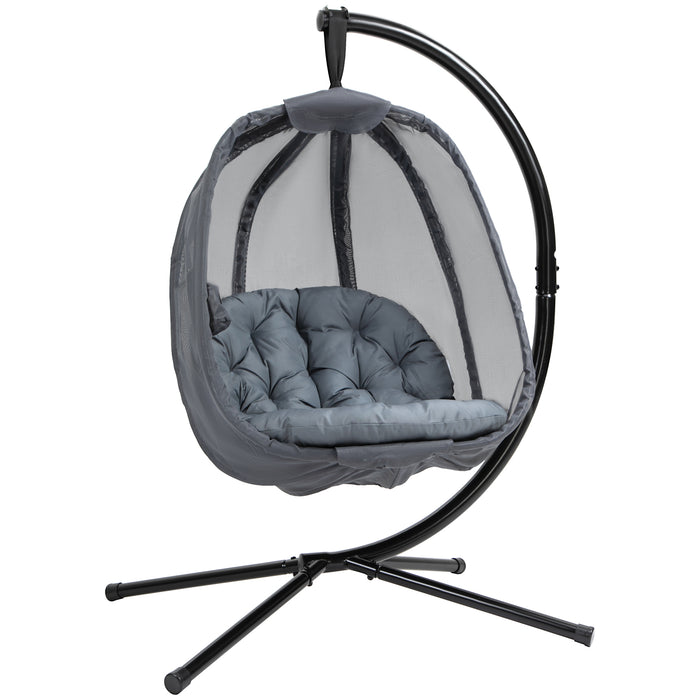 Folding Hanging Egg Chair with Stand - Grey Swing Hammock with Cushion for Patio and Garden - Ideal for Indoor/Outdoor Relaxation and Comfort