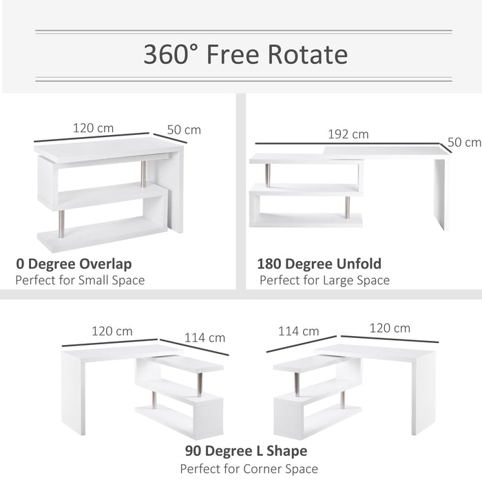 L-Shaped Swivel Corner Desk - 360° Rotating Home Office Workstation with Storage Shelf - Ideal for Writing & Computer Setup in White