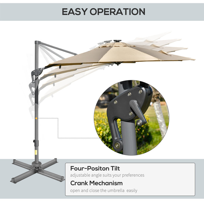 3M Square Rotating Sun Umbrella with LED - Adjustable Outdoor Garden Parasol with Solar Lighting - Ideal for Patio, Deck, and Entertainment Areas