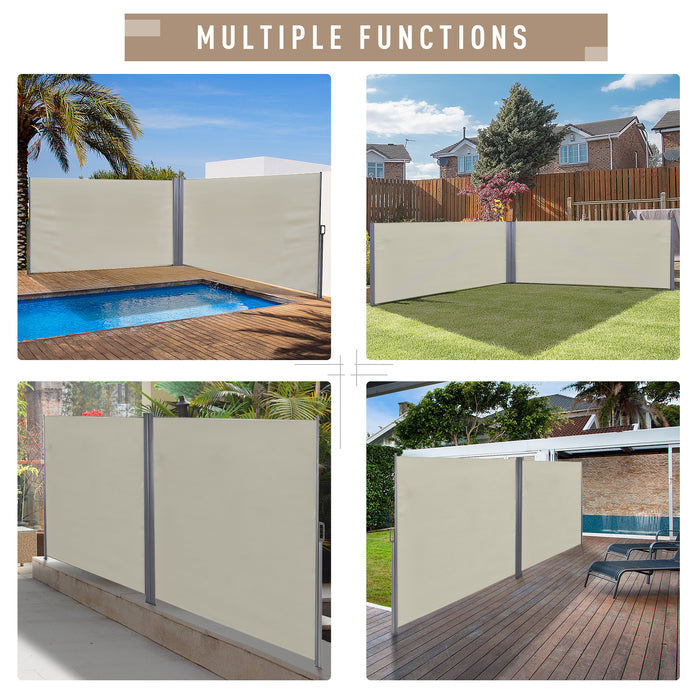 Patio Double Retractable Awning - Folding Privacy Screen and Sun Shade Wind Barrier - Ideal for Outdoor Seclusion and Corner Wall Dividing in Cream White