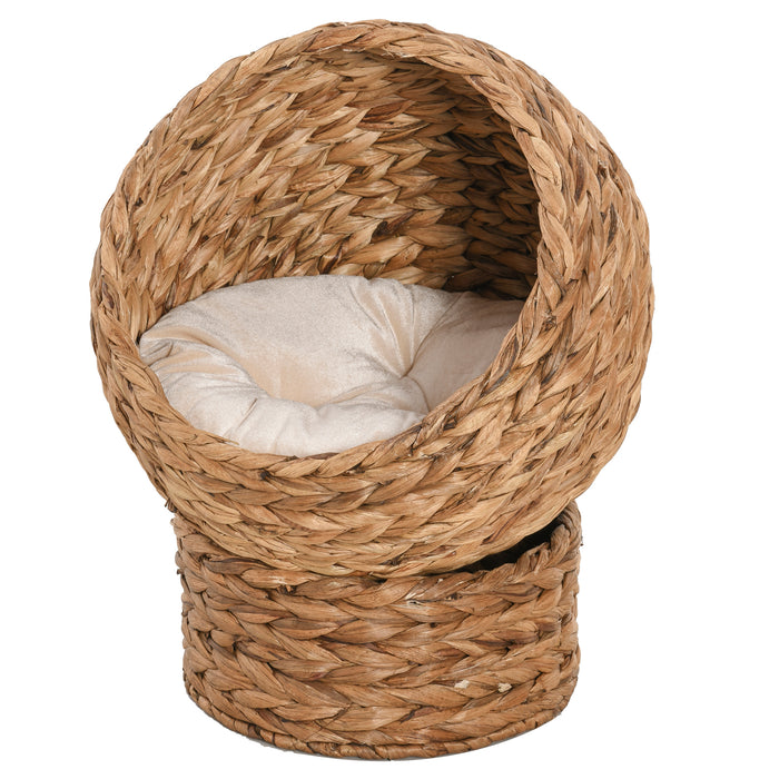 Wicker Cat Bed with Cylindrical Rattan Base - Soft Washable Cushion in Retro Brown, 50x42x60cm - Ideal Comfort for Cats