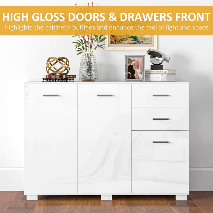 Modern High Gloss Sideboard with Drawers and Doors - Contemporary Storage Cabinet with Adjustable Shelves - Ideal for Living Room and Dining Room Organization