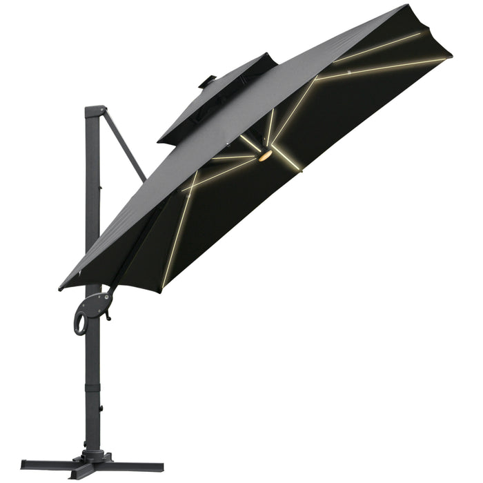 Cantilever Roma Parasol with LED Solar Light - 3x3m Outdoor Sun Umbrella with 360° Rotation and Cross Base - Ideal for Patio, Backyard in Dark Gray