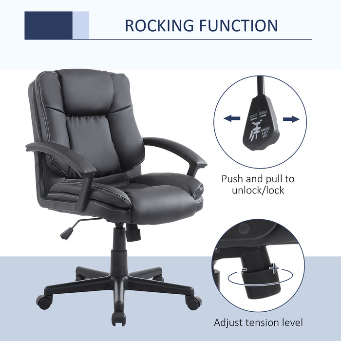 Ergonomic Swivel Mid-Back Chair - Faux Leather Executive Computer Desk Chair with Double Padding and Armrests - Ideal for Home Office Comfort and Mobility