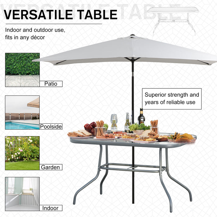 Curved Metal Framed Glass Top Dining Table - Outdoor Garden and Balcony Furniture with Parasol Hole - Sturdy Grey Table for Family and Friends Entertainment