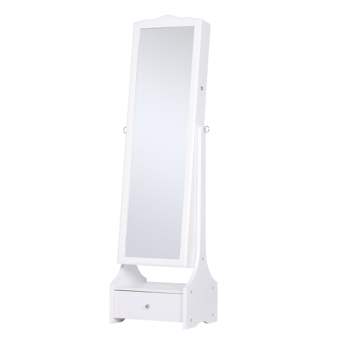 LED-Lit Jewelry Cabinet with Full-Length Mirror - Floor Standing Armoire with Flip-Over Makeup Shelf and Lockable Storage - Elegant Organization for Accessories and Cosmetics