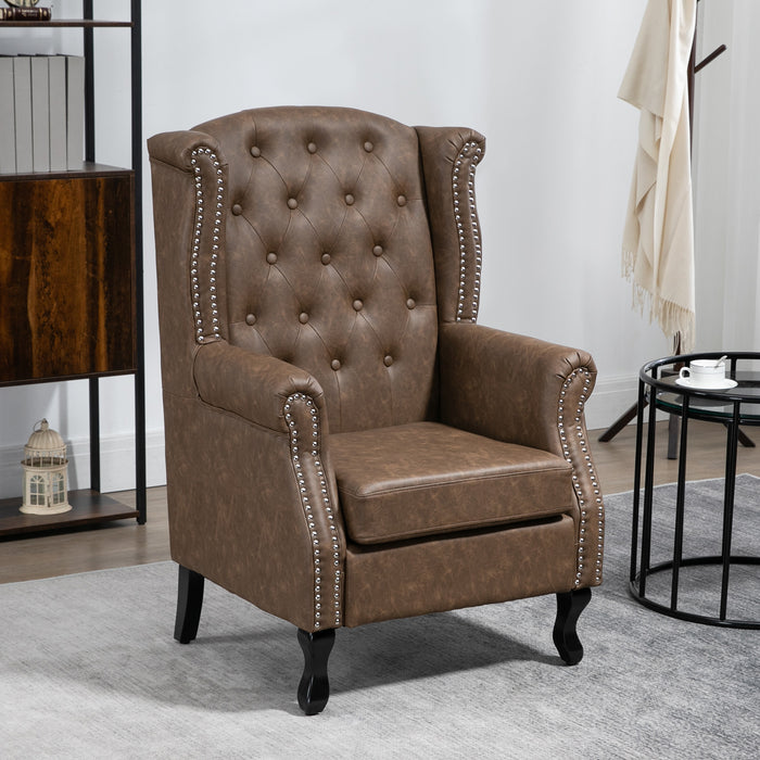 Chesterfield-Style Wingback Accent Chair - Tufted Armchair with Nailhead Trim, Elegant Brown Upholstery - Sophisticated Seating for Living Room or Bedroom