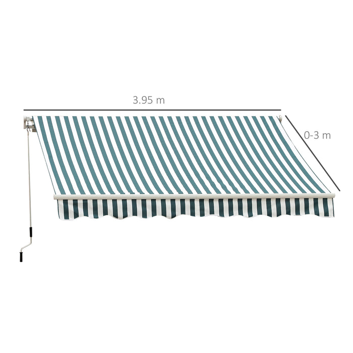 4m x 3m Patio Awning - Manual Retractable Sun Shade Shelter, Green and White Stripes - Ideal Outdoor Coverage for Garden & Patio