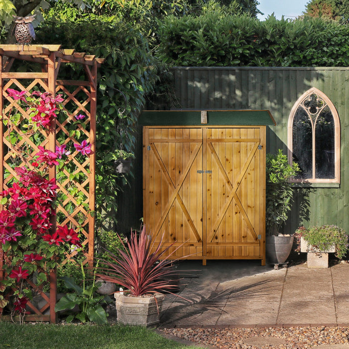 Outdoor Garden Shed with Flexible Worktable and Hooks - Multifunctional, Lockable Storage with Asphalt Roof and Ground Nails - Ideal for Tool Organization and Space Management