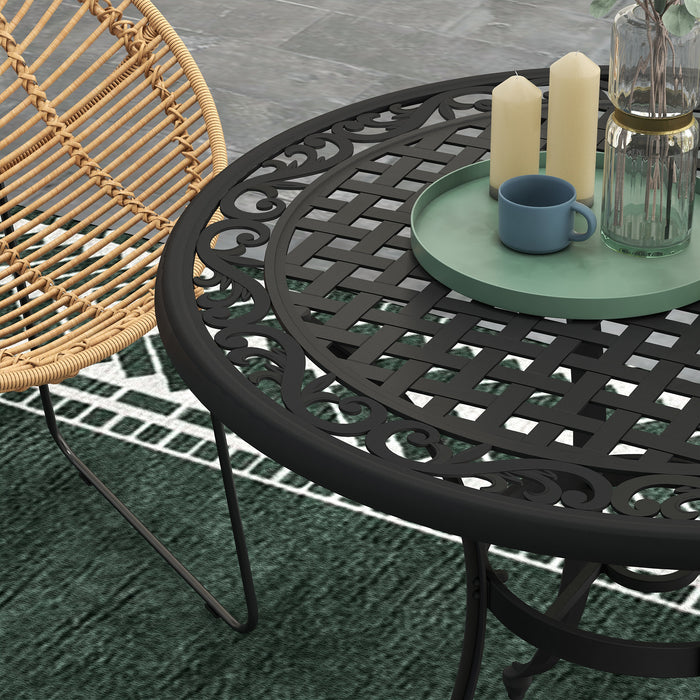 Elegant Cast Aluminium 90cm Round Garden Dining Table - Features Parasol Hole for Shaded Outdoor Meals - Perfect for Balcony Seating 2-4, Black Finish