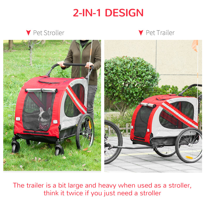 2-in-1 Dog Bike Trailer and Pet Stroller - Reinforced Steel Frame Bicycle Carrier with Universal Wheel, Reflectors & Safety Flag - Red Travel Cart for Small to Medium Pets