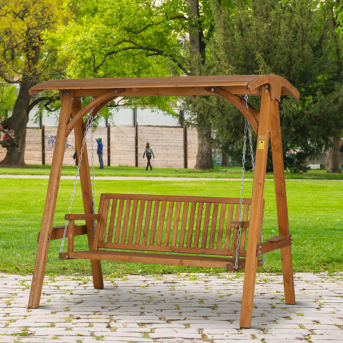 Wooden 3-Seater Garden Swing Chair with Canopy - Durable Larch Wood Outdoor Hammock Bench in Teak Finish - Relaxing Patio Lounger for Backyard & Garden Comfort