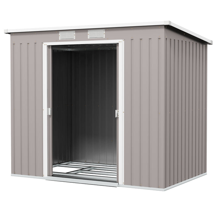 Outdoor Storage Shed with Foundation - Sturdy Metal Garden Equipment Organizer, Double Doors, Vented, Sloped Roof, Grey Finish - Secure Solution for Tools and Lawn Care Essentials