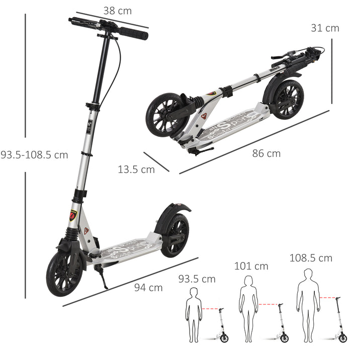 Foldable Adult & Teens Kick Scooter with Height Adjustment - Durable Aluminum Ride-On with Rear Wheel & Hand Brake, Shock Mitigation - Convenient Commuting for Ages 14 & Up, Silver Finish