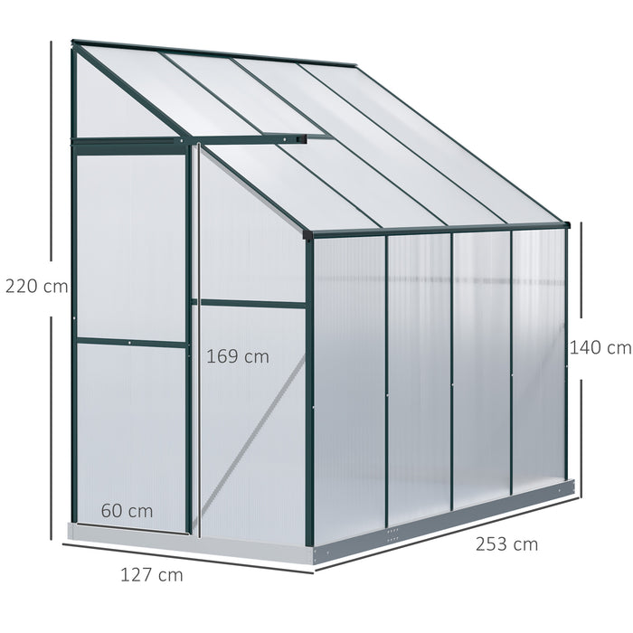 Heavy Duty Aluminium Lean-to Greenhouse - Walk-In Wall Greenhouse with Polycarbonate Panels and Roof Vent, 253x127x220 cm - Ideal for Protecting Plants and Seedling Growth