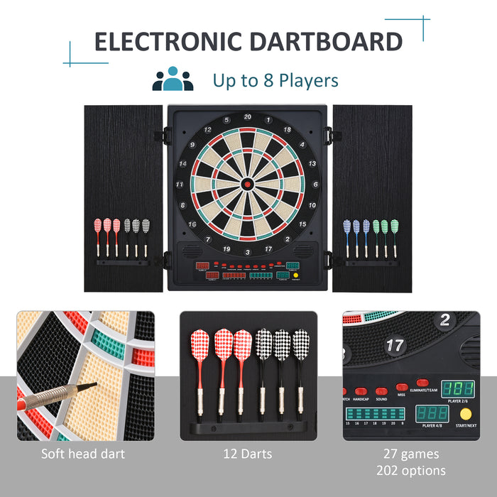 Electronic Dartboard with LED Scoreboard - Includes 12 Darts, 30 Heads, and Side Storage Cabinet - Classic Family Game for Home Entertainment in Black & White