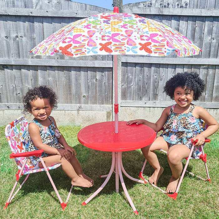 Colorful Striped Kids Picnic Set with Folding Table and Chairs - Durable Outdoor Play Furniture - Includes Matching Parasol for Sun Protection