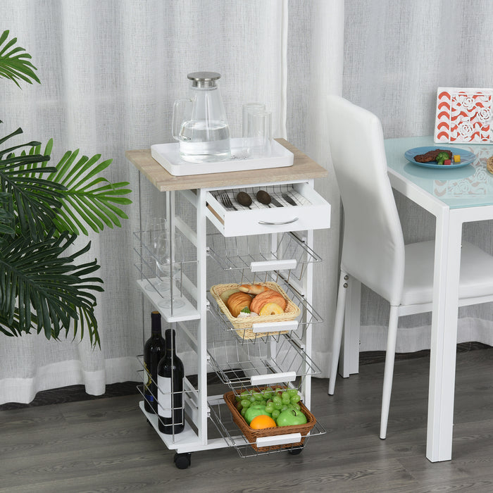 Kitchen Utility Cart with Wheels - 4 Basket Drawers & Side Racks for Storage - Mobile Organizer for Dining Room, Brown