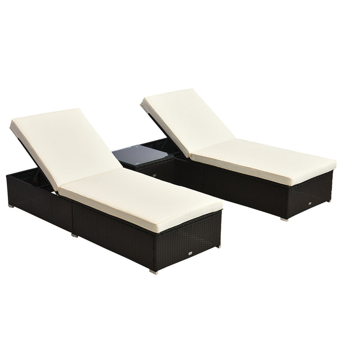 Rattan Sun Lounger Set with Side Table - 3-Piece Outdoor Wicker Reclining Bed Patio Ensemble in Dark Coffee - Ideal for Garden Relaxation and Entertainment