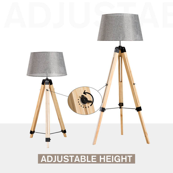 Adjustable Wooden Tripod Floor Lamp - Modern Design with E27 Bulb Compatibility, Grey Shade - Ideal for Contemporary Home Illumination