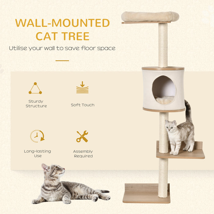 Wall-Mounted Cat Tree with Condo Bed - Indoor Kitten Perch, Climber & Scratching Post Furniture in Beige - Space-Saving Shelter for Cats