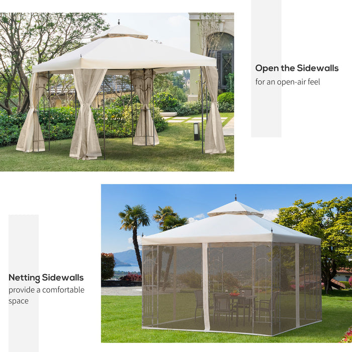 300x300cm Double-Tiered Garden Gazebo - Beige Outdoor Canopy with Sun Shade, Patio Event Shelter, and Mesh Curtains - Ideal for Backyard Parties and Gatherings