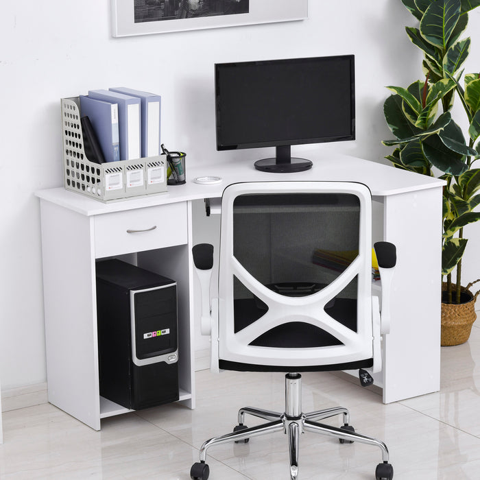 L-Shaped Desk with Keyboard Tray and CPU Stand - White Corner Computer Desk with 2 Shelves & Drawer for Work and Study - Ideal for Home Office and Bedroom Use