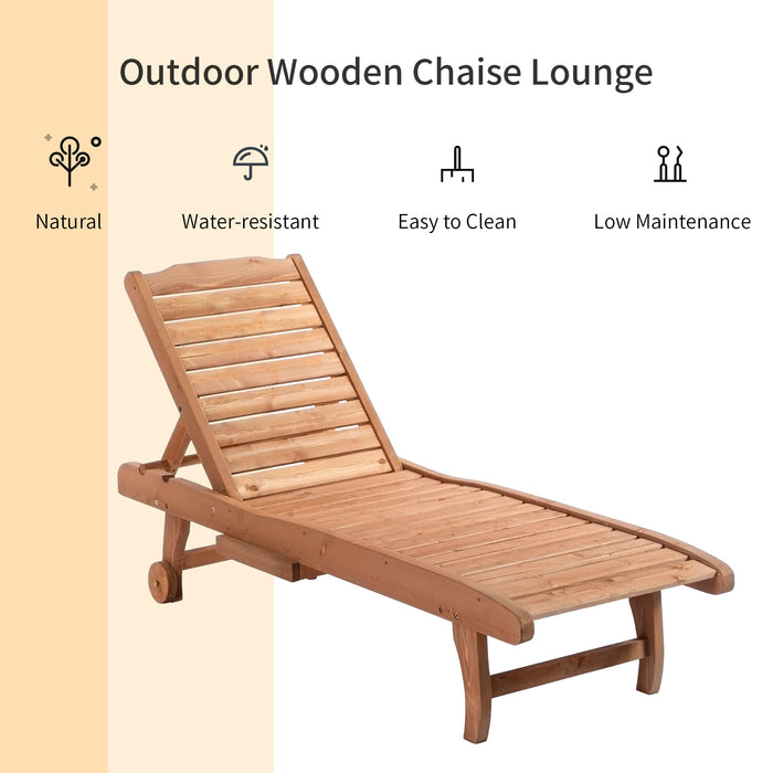 Outdoor Wooden Lounger with Built-In Table - Adjustable Backrest, Wheels, Red Brown Sun Bed - Perfect for Patio Relaxation and Sunbathing