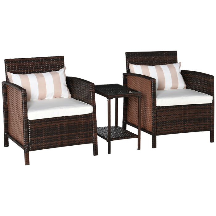 Rattan Garden Furniture Bistro Set - 3-Piece Wicker Patio Ensemble with Sofa Chairs & Table, Cushions Included - Ideal for Conservatory or Outdoor Leisure