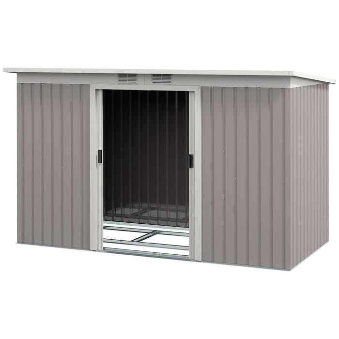 Corrugated Garden Shed - 9x4ft Light Grey Metal Storage for Outdoor Equipment and Tools, with Ventilation and Double Doors - Ideal for Home Garden and Yard Maintenance