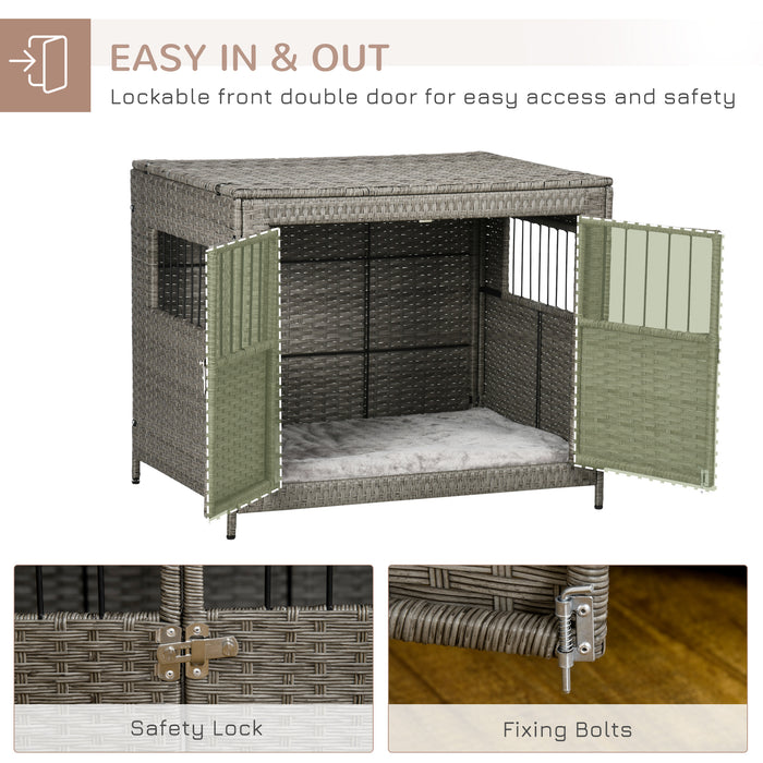 Double-Door Wicker Dog Crate - Includes Soft Washable Cushion, Spacious 85x61x70 cm Kennel - Ideal for Medium to Large Dogs, Comfort & Security