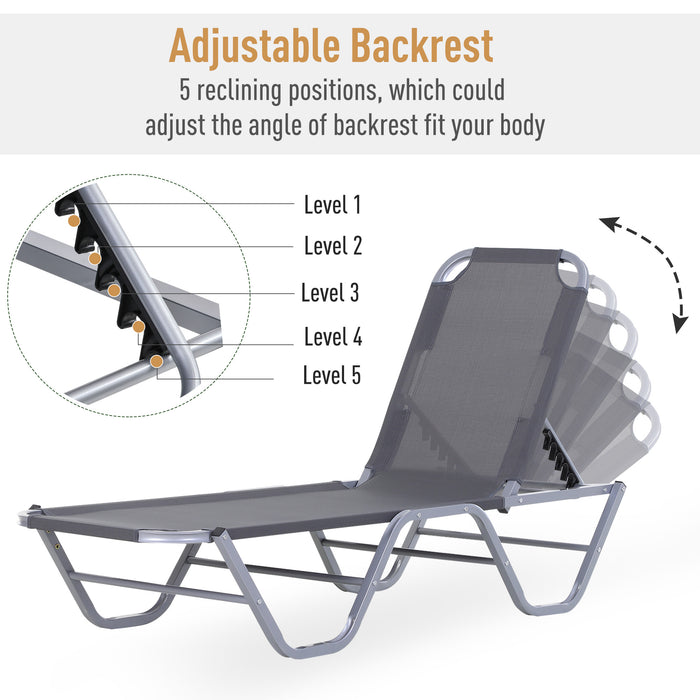 Sun Lounger Relaxer Recliner - 5-Position Adjustable Backrest, Lightweight Frame, Silver Color - Ideal for Poolside and Sunbathing Comfort