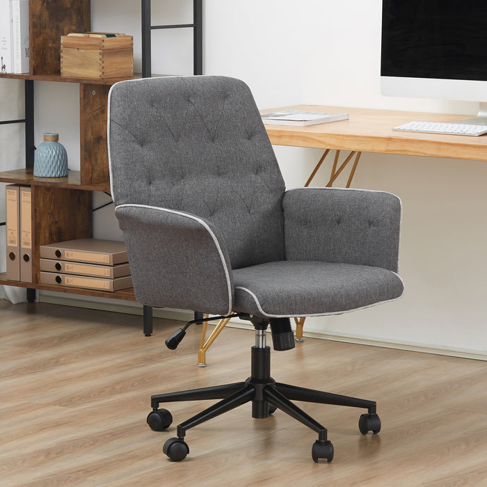 Linen Swivel Office Chair - Mid-Back Adjustable Computer Desk Chair with Arms in Grey - Comfortable Seating for Professionals and Students
