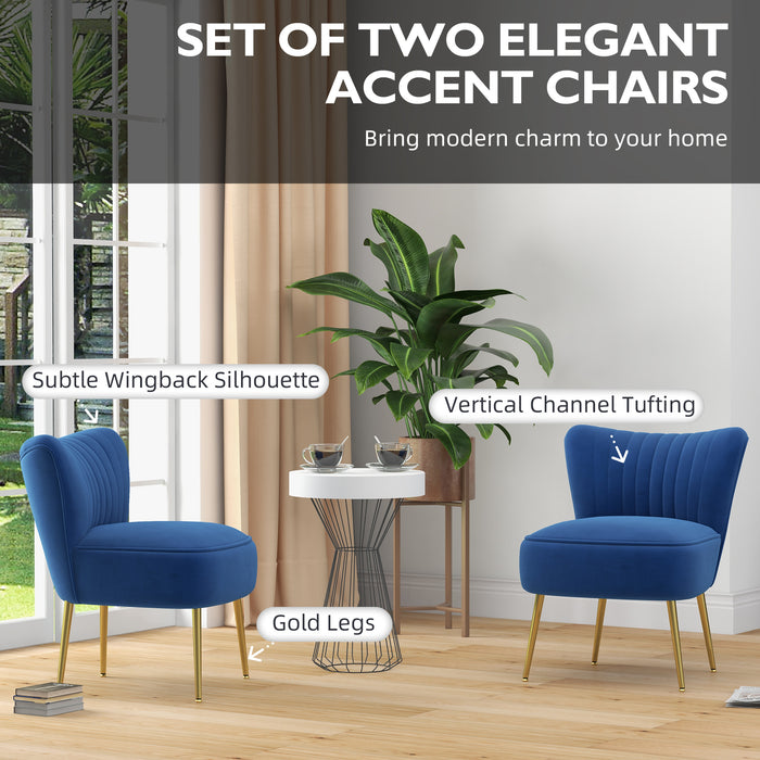 Elegant Dark Blue Accent Chair Duo - Upholstered Wingback Armless Design with Shiny Gold Steel Legs - Stylish Seating for Contemporary Living Spaces