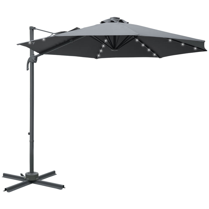 Outdoor Patio Sun Umbrella - 3m Grey Canopy with Crank, Tilt, LED Solar Lighting & Cross Base - 360° Rotation for Backyard Comfort and Entertaining