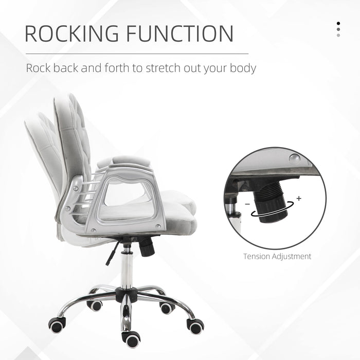 Ergonomic 360° Swivel Office Chair - Diamond Tufted Velour with Padded Base & 5 Castor Wheels - Comfortable Seating for Home Office Workers in Grey