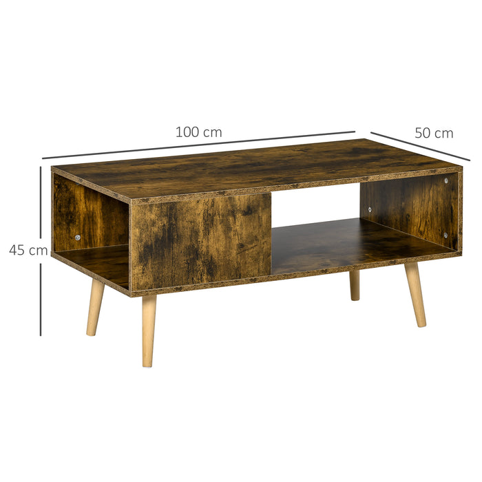 Open Shelf Coffee Table - Retro Cocktail Table with Solid Wood Legs, Rustic Brown Finish - Stylish Living Room Furniture with Storage Space