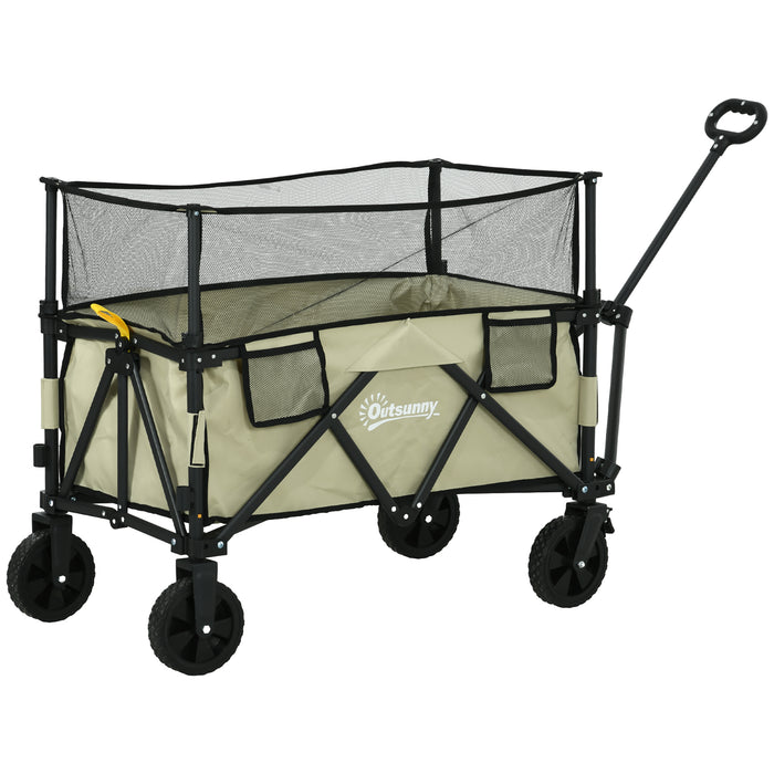 Folding Garden Trolley Wagon - 180L Capacity, Extendable Side Walls, Multipurpose Cart, Khaki - Ideal for Beach, Camping, Festivals