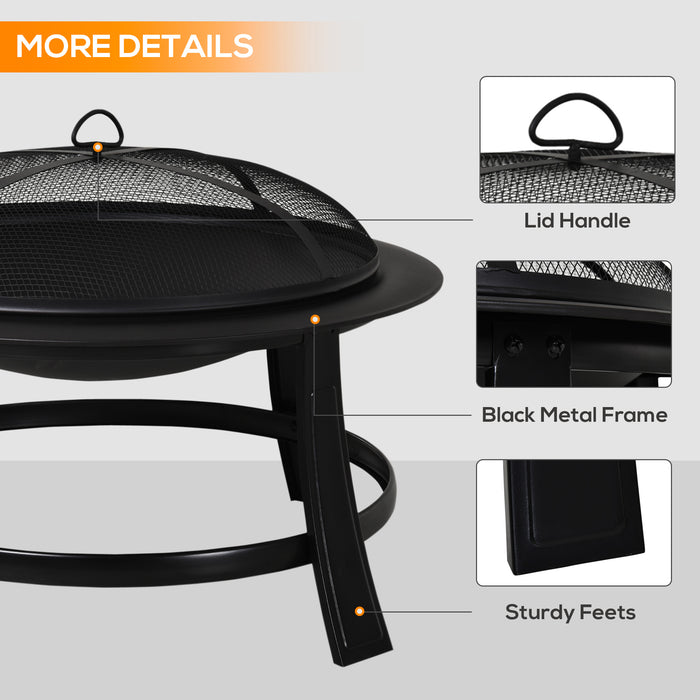 Outdoor Large Metal Firepit Bowl - Heavy-Duty Round Fire Pit with Lid, Log Grate, Poker - Ideal for Backyard, Camping, BBQ, Bonfire Gatherings