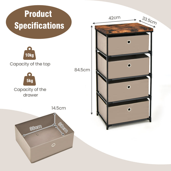 Fabric Dresser 4-Tier Model - Coffee Coloured Storage Unit with Drawers and Durable Metal Frame - Ideal Solution for Organizing and Decluttering Home Spaces