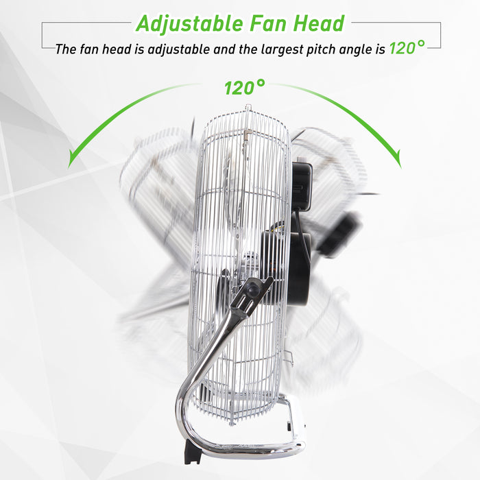 High-Velocity 20" Chrome Metal Floor Fan - Adjustable Tilt, 3-Speed Settings, Portable Design - Ideal for Home Office & Gym Use, Silver