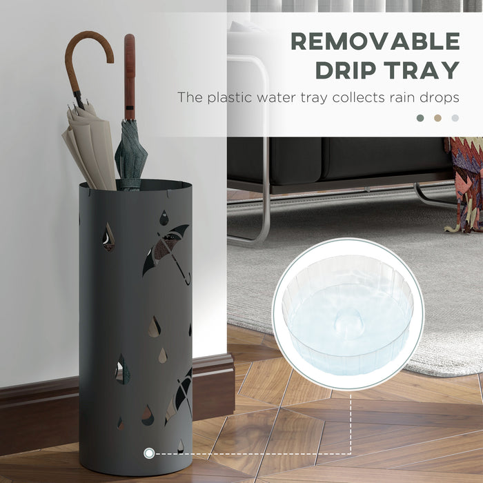 Round Freestanding Umbrella Stand with Drip Tray - Hallway and Entryway Dark Grey Umbrella Holder with 4 Hooks - Keeps Floors Dry and Organizes Umbrellas