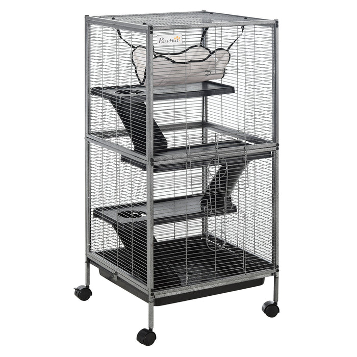 Deluxe Wheeled Small Animal Habitat - Chinchilla, Ferret & Kitten Friendly Cage with Hammock & 4 Platforms - Includes Removable Tray for Easy Cleaning