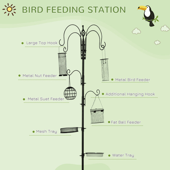 Bird Feeding Station Kit with 6-Hook Pole - Includes 4 Hanging Feeders for Peanuts, Seeds, & Fat Balls - Perfect for Garden Bird Enthusiasts