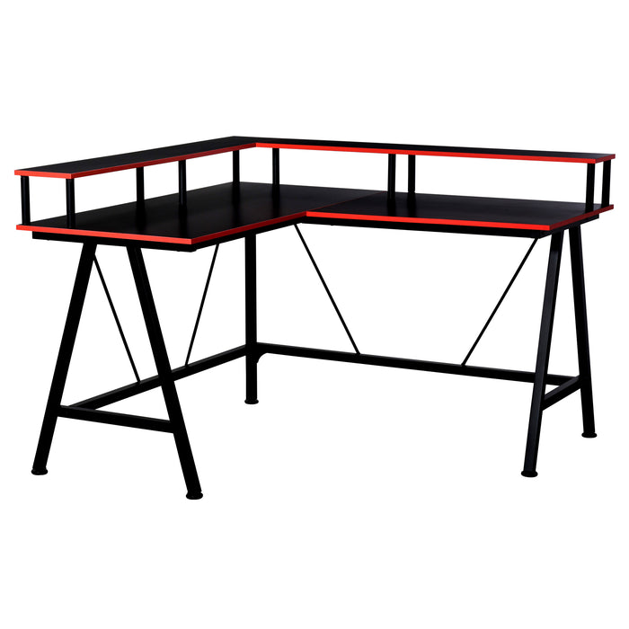 Ergonomic L-Shaped Gaming Desk - Elevated Monitor Shelf, Corner Computer Workstation in Black and Red - Ideal for Gamers and Home Office Setup